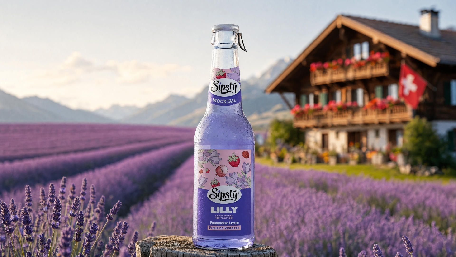 Sipsty Lilly devant un chalet suisse et champ de lavande